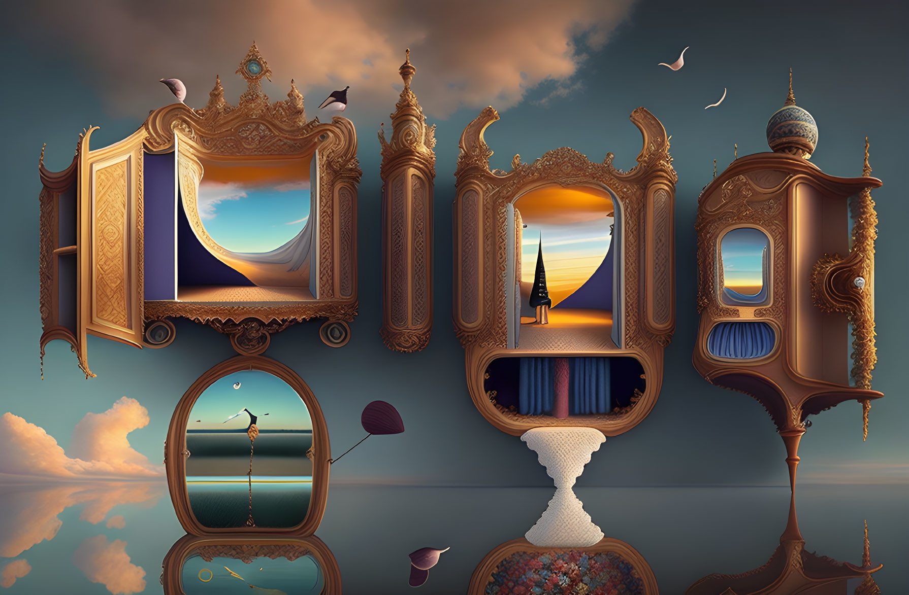 Ornate Frames Depicting Surreal Land, Sky, and Sea Elements
