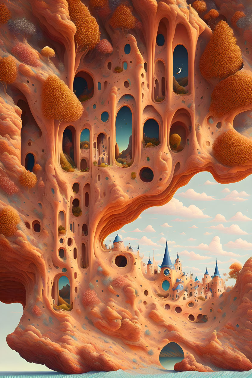 Surreal landscape with porous orange structure and fantastical castle