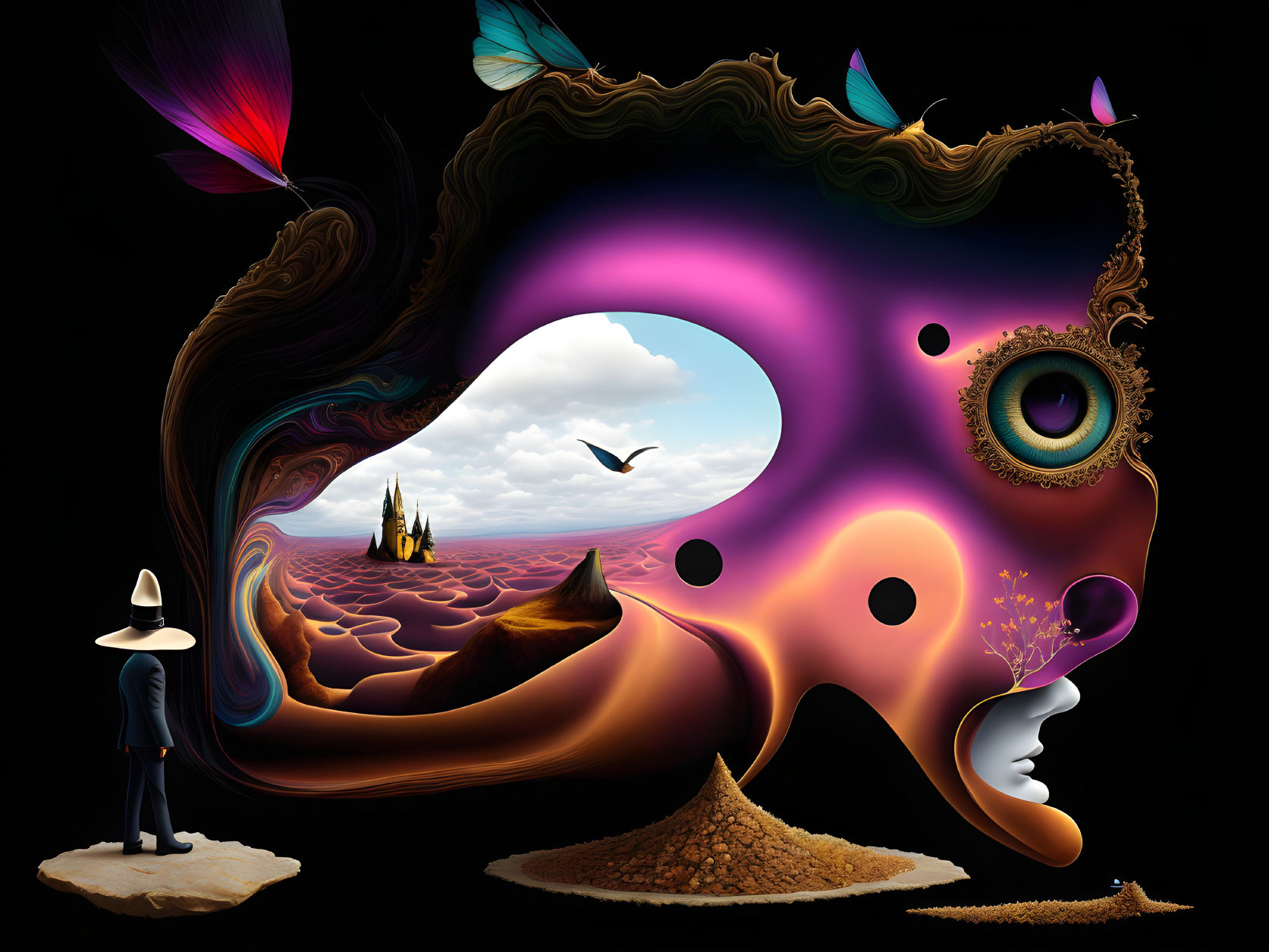 Surreal profile illustration with fantastical face and vibrant colors.