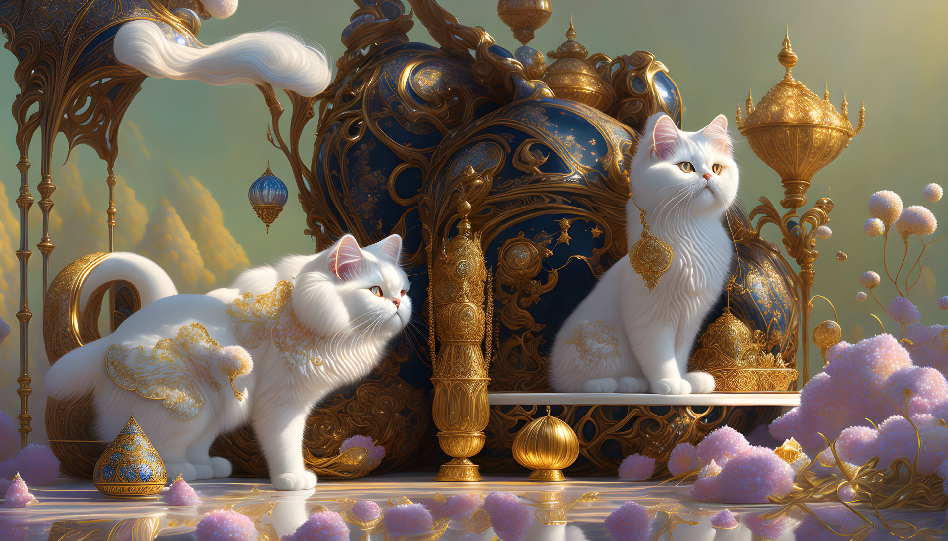 Majestic white cats with golden accents in fantastical setting
