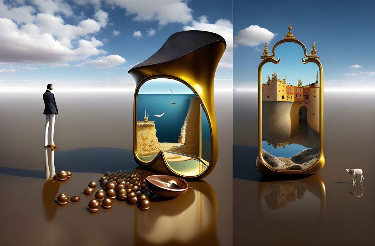 Surrealist artwork: Man in suit, mirrors, castle, floating islands, cloudy sky