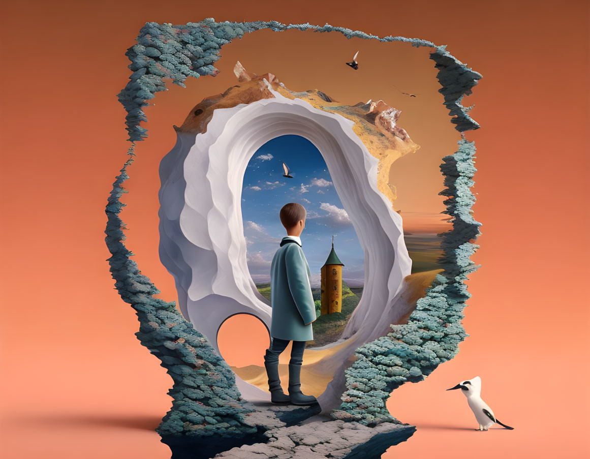 Surreal layered portal with arctic, desert, and clear skies landscapes and a penguin nearby