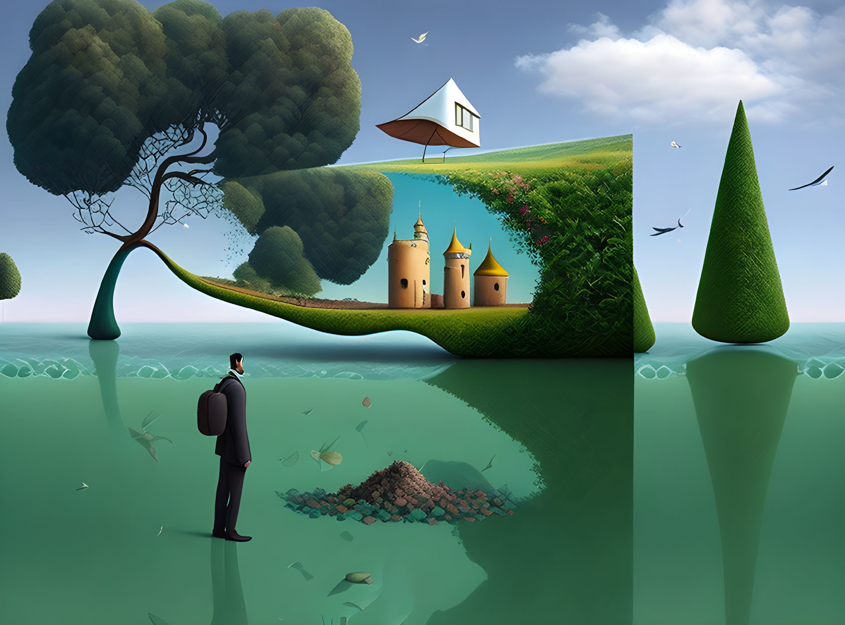 Man in suit in surreal landscape with rolling hills and floating house.
