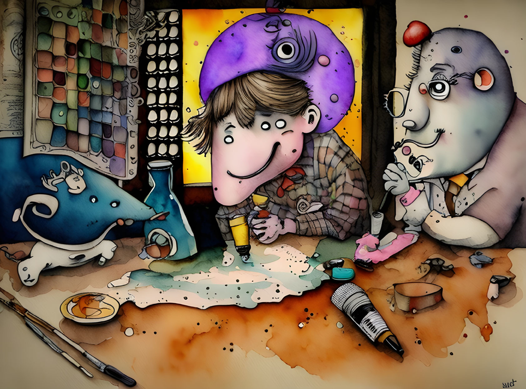 Colorful Illustration of Boy and Quirky Creature with Hats