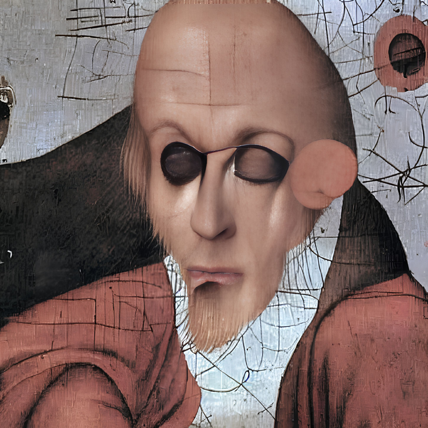 Detailed Close-Up of Classical Painting with Bald Figure, Eye Patch, Protruding Ear, and Surre