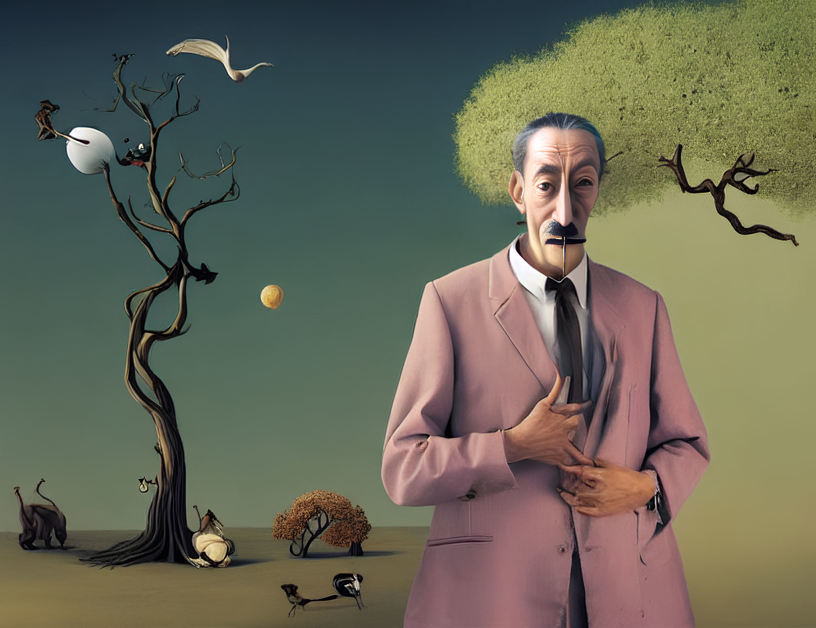 Colorful surreal illustration: man in pink suit, whimsical animals, levitating tree, gradient sky