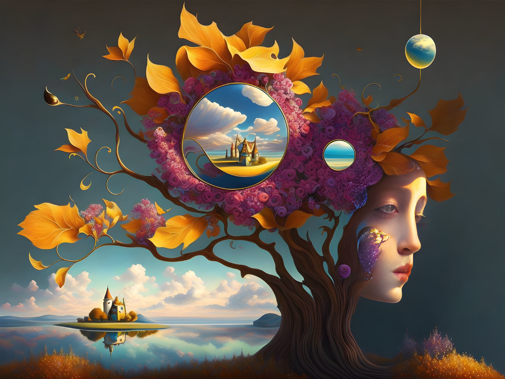 Surreal artwork: Woman's face merges with tree, adorned with colorful leaves, flowers, and