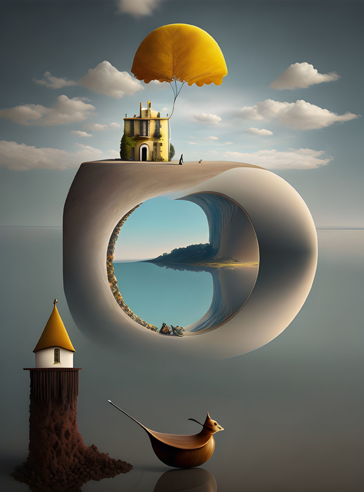 Surreal image of ring with beach, floating castle, tower, and violin boat