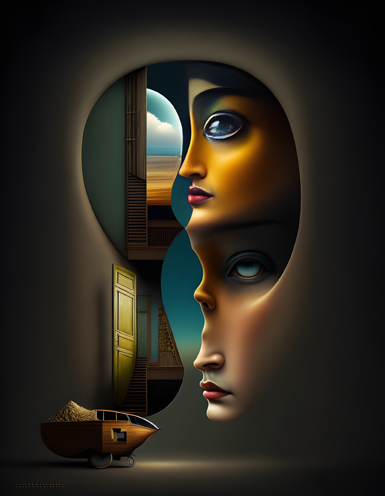 Surreal artwork: Two faces merge into keyhole shape with contrasting lighting, boat carrying sand.