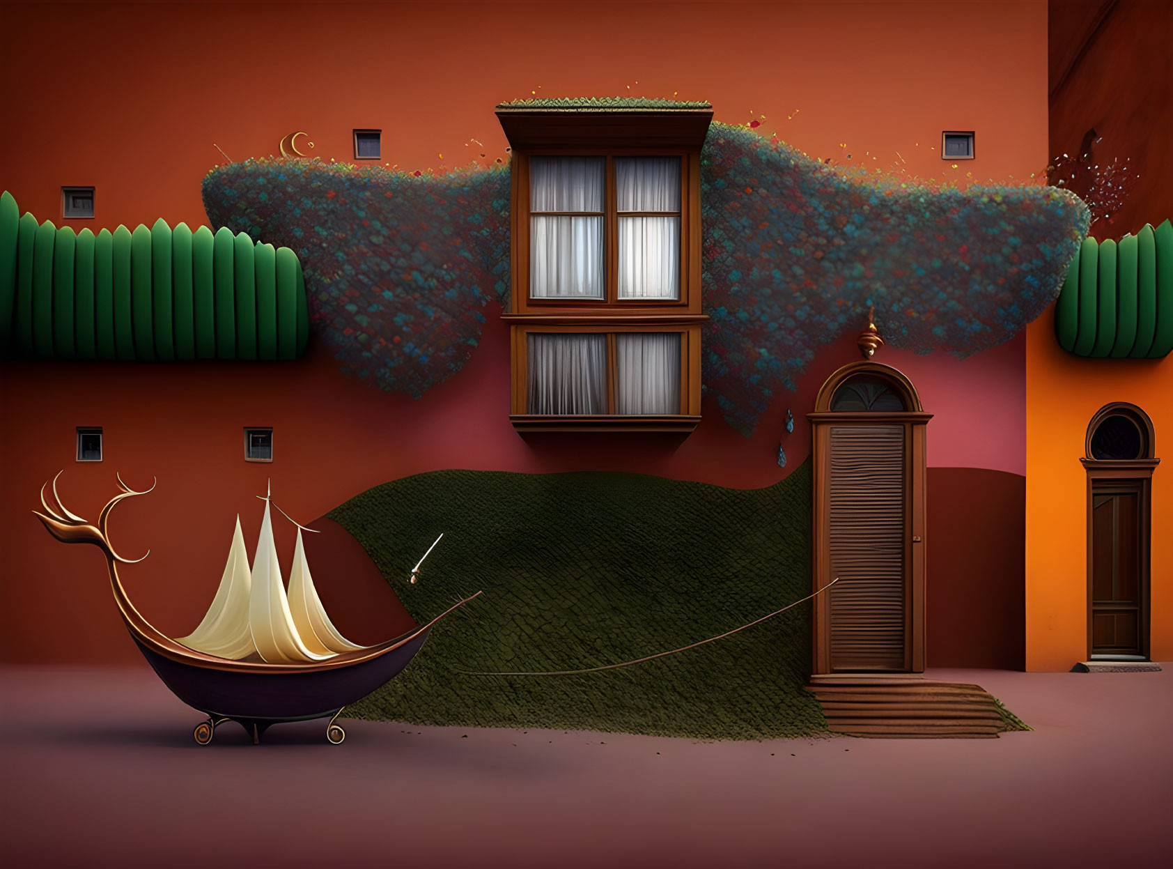 Floating house, umbrella boat, whimsical doors on grass-covered wings and terra-cotta backdrop