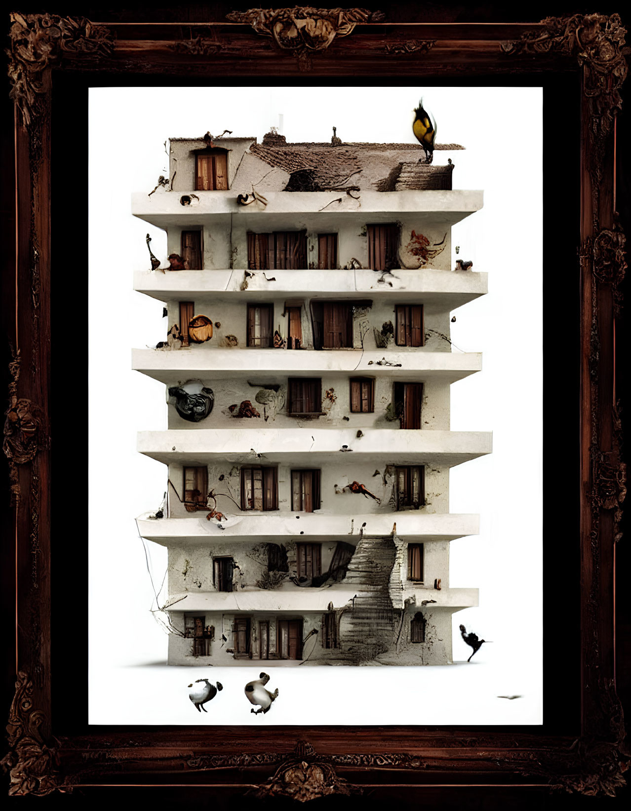 Whimsical layered building with surreal elements and animals in ornate frame