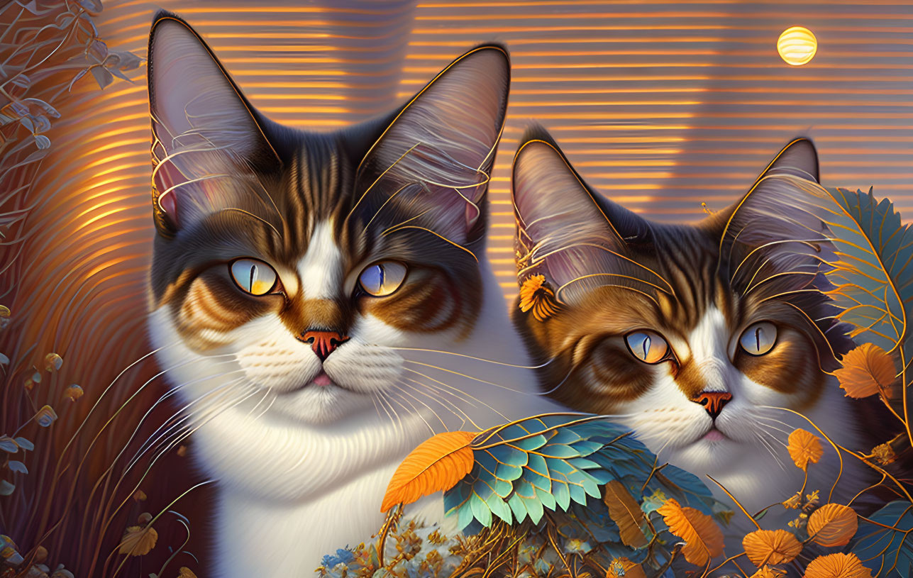Detailed stylized cat illustrations with orange eyes in autumn setting
