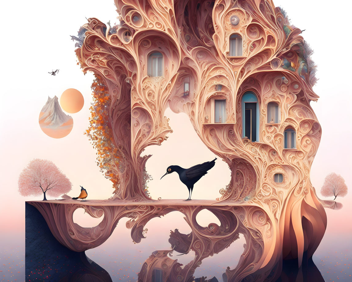 Intricate treehouse with crow, birds, and distant planet