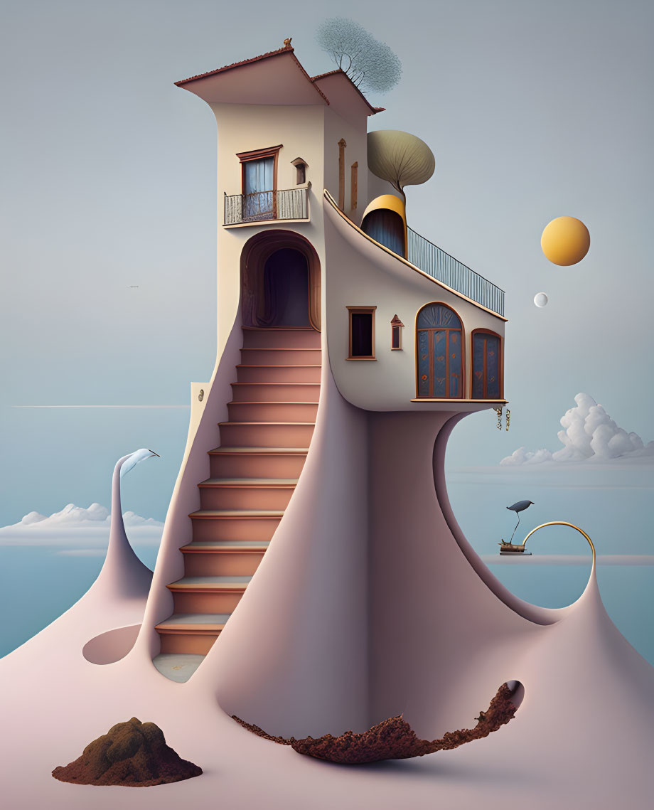 Illustration of solitary house on tree-like structure with floating orbs