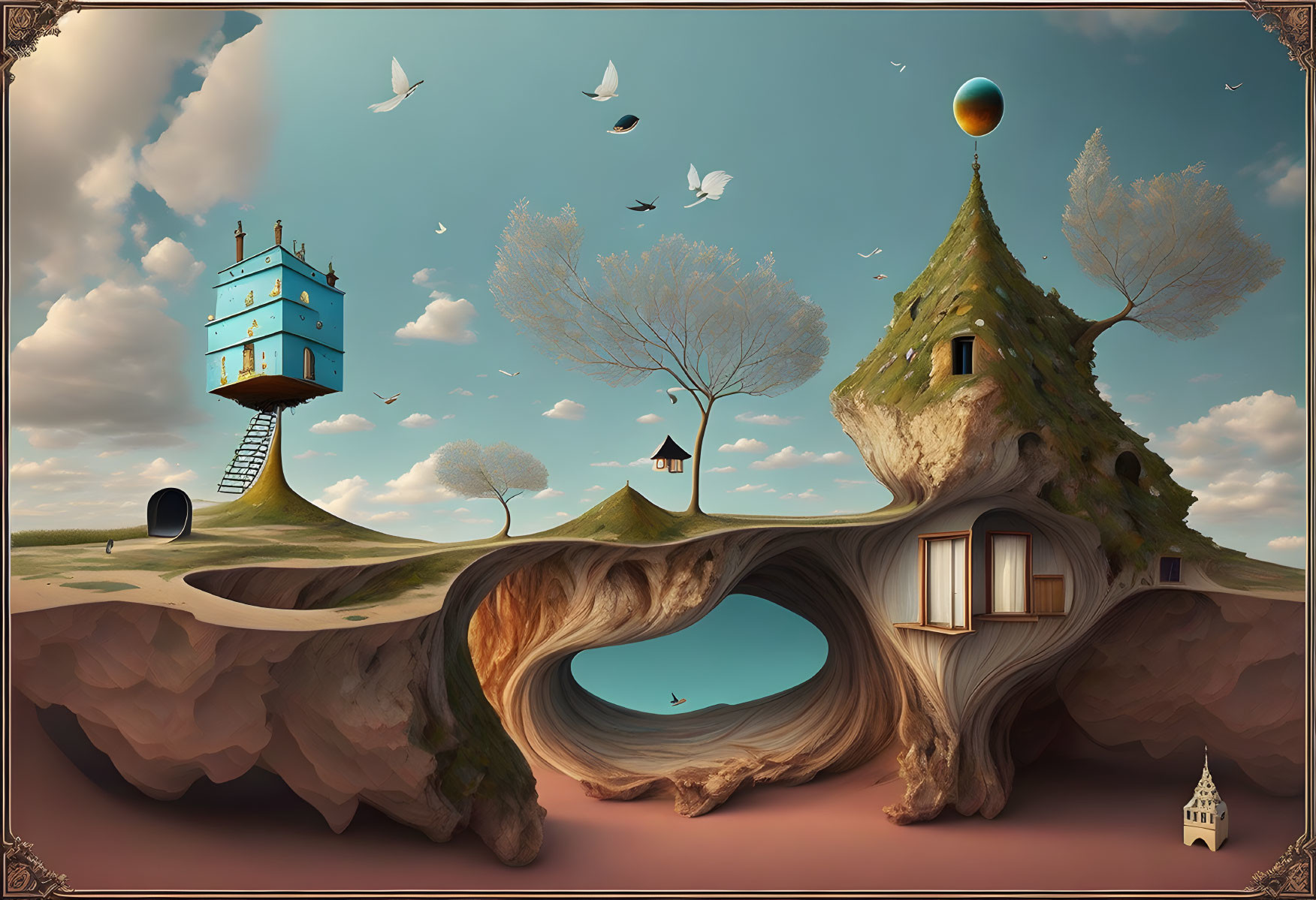 Whimsical landscape featuring floating island, tree-shaped building, hill tunnel, flying birds, and sky