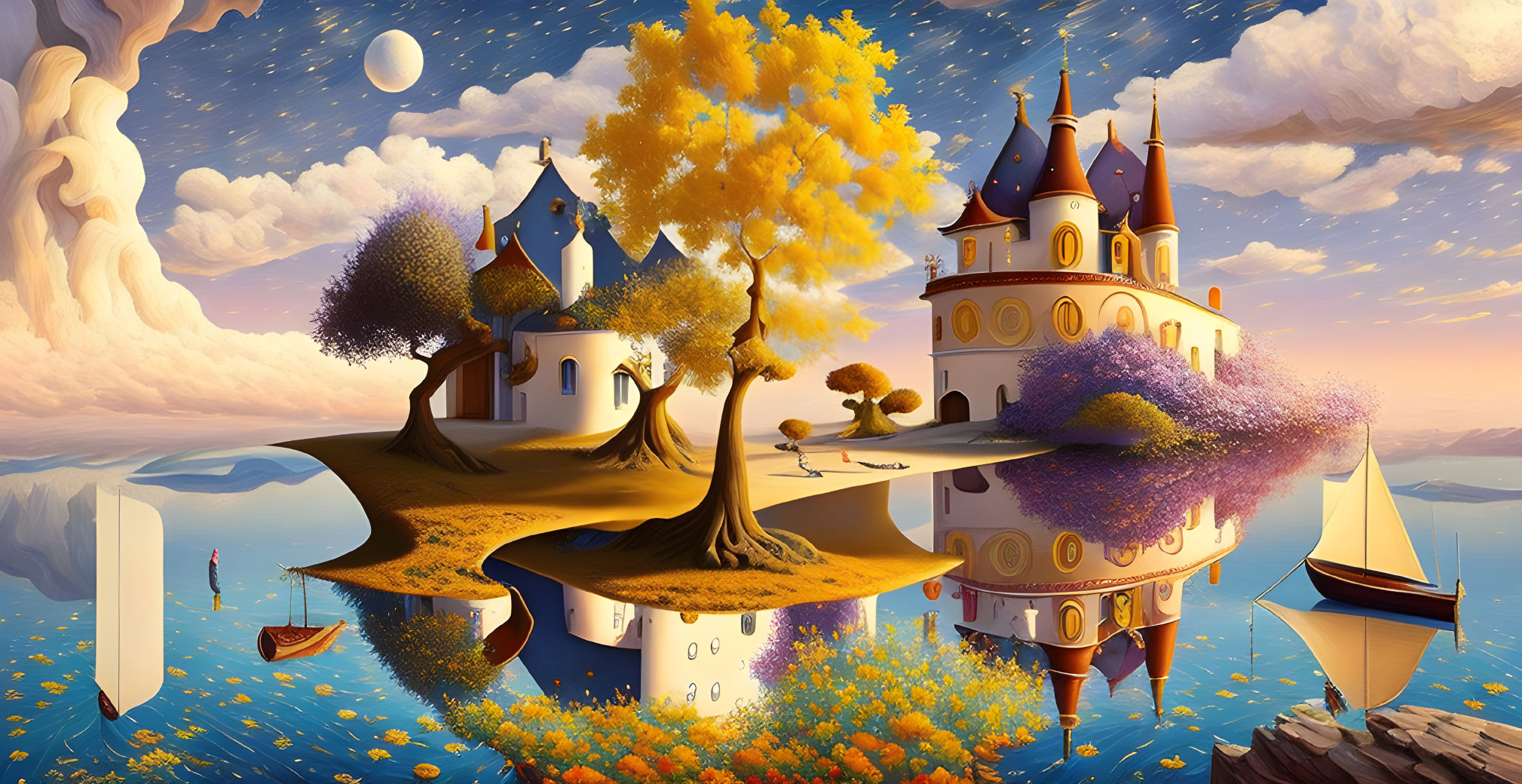 Fantasy castle on floating islands with colorful trees and dual moons.