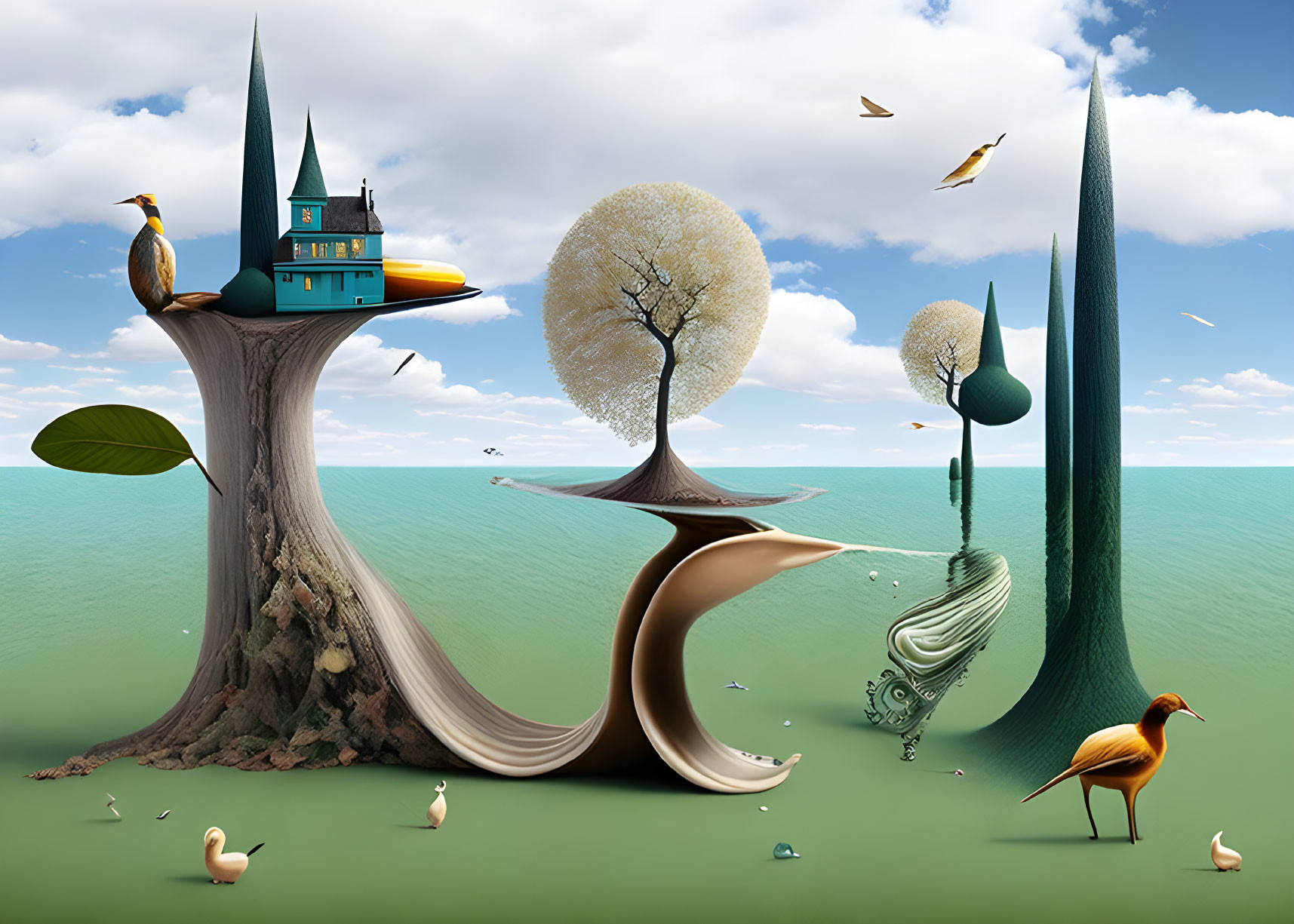 Surreal landscape with whimsical trees, house, birds, and mirror-like water