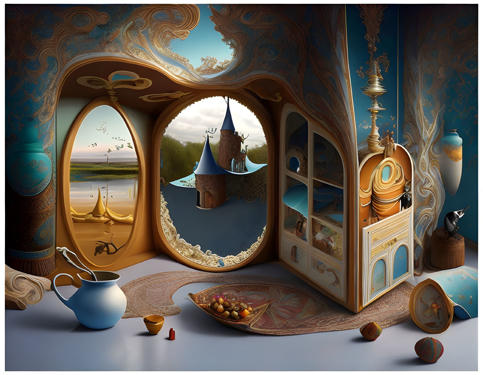 Whimsical room with ornate walls and surreal floating castle view