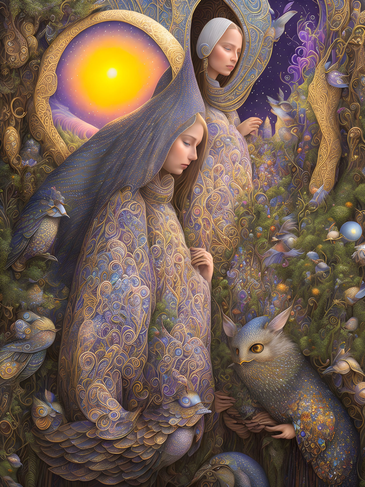 Fantasy-style artwork with serene female figures, celestial motifs, flowers, and owl