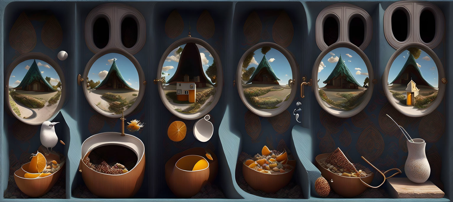 Sequential spherical capsules blend outdoor landscapes and indoor still-life.
