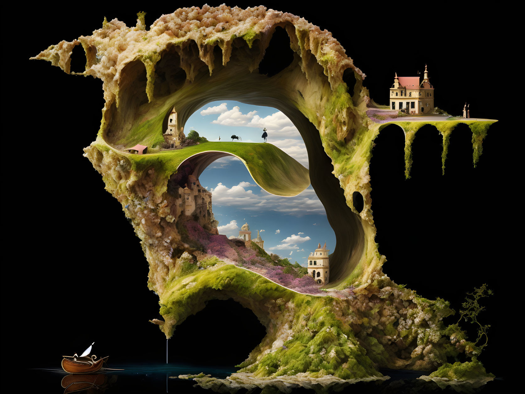 Surreal landscape with cave-like structure, buildings, trees, boat, clear sky