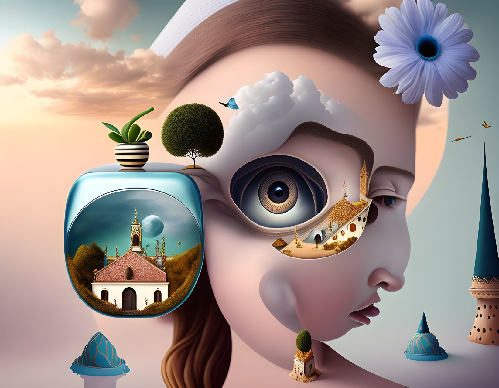 Surreal woman's face merges with landscapes, church scene in thought bubble, ship near eye.