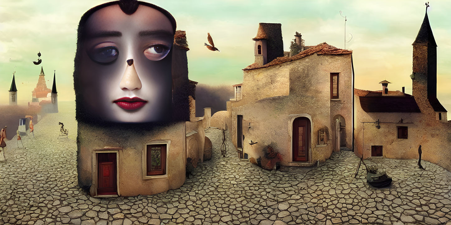 Giant face blends into surreal village landscape