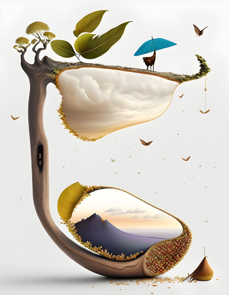 Surreal tree illustration with multiple landscapes inside