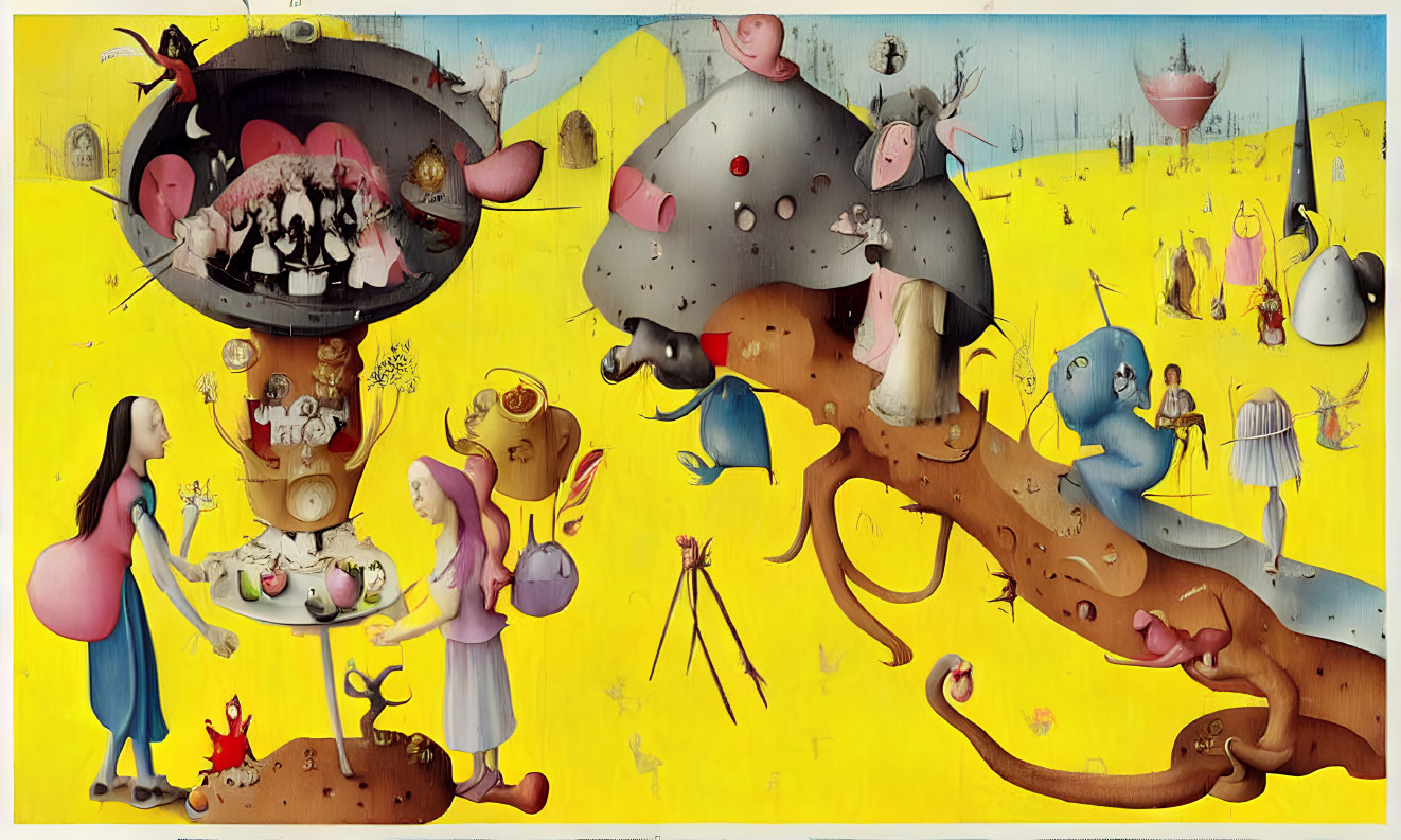 Surrealist artwork: Two girls at tea party with whimsical creatures in dream-like yellow landscape