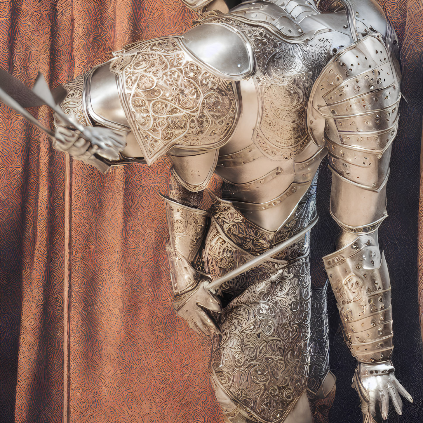 Knight in Engraved Armor with Lance on Red Background