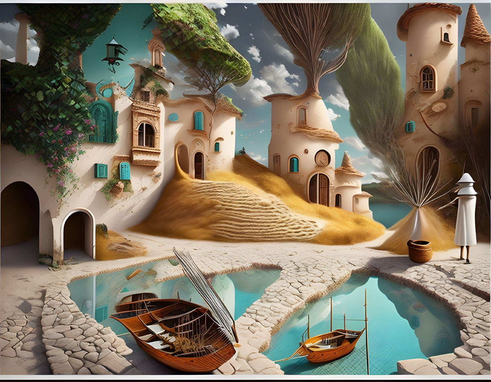 Whimsical sandy landscape with houses, trees, boats, and clear sky