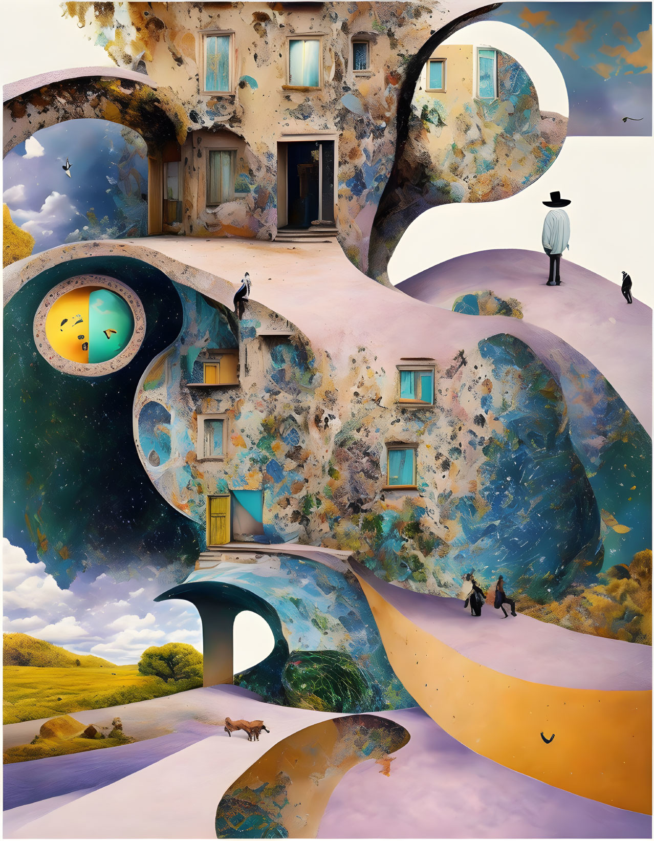 Surreal Landscape with Curving Architectural Forms and Figures