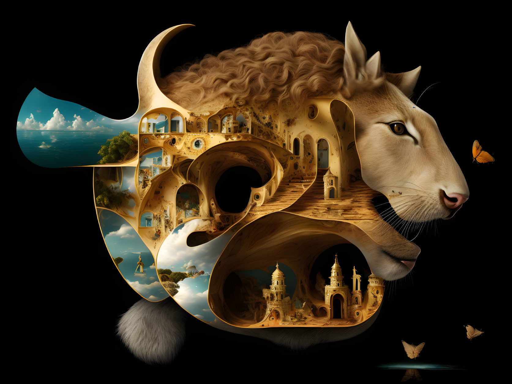 Surreal illustration: Lion's head merges with buildings, archways, and butterflies