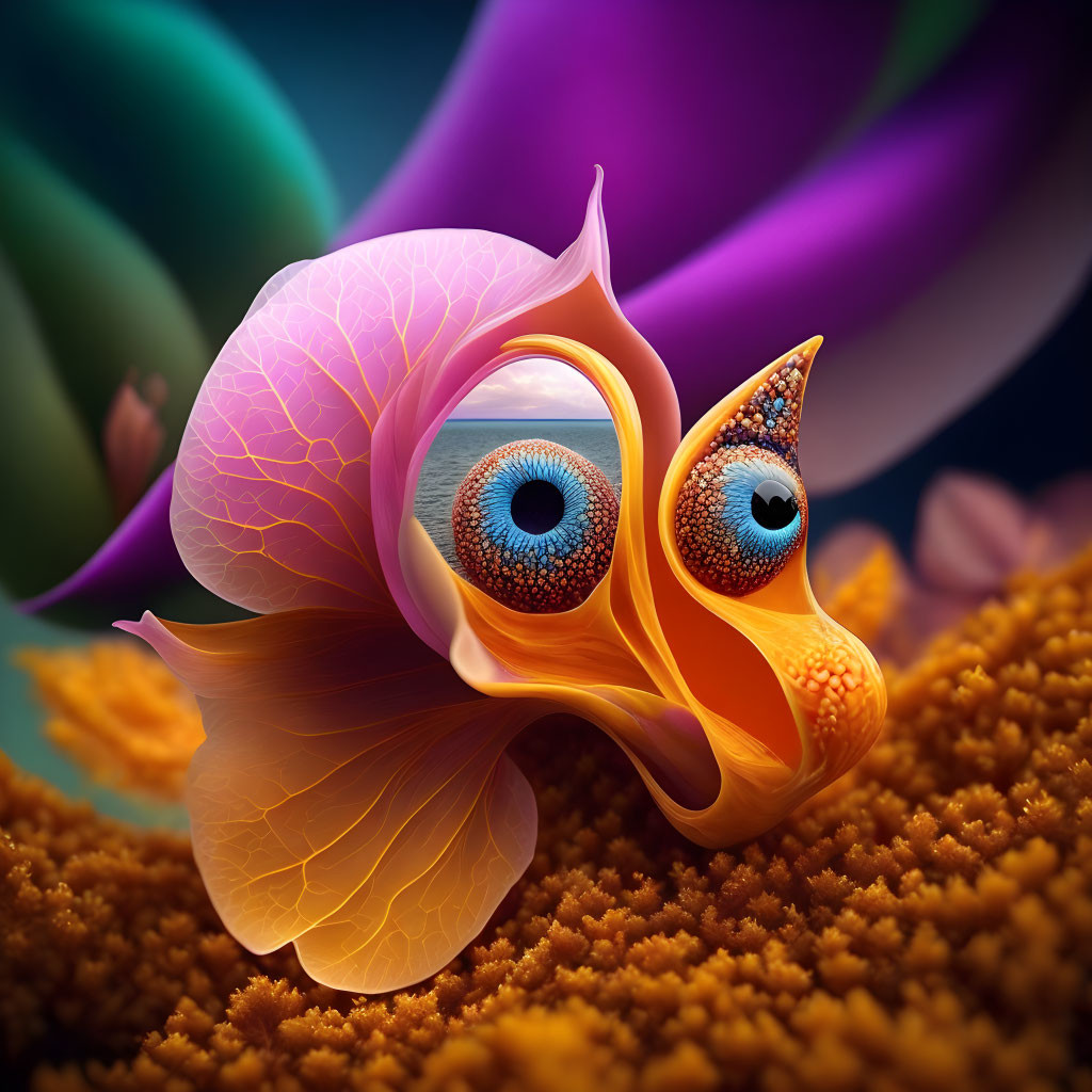 Colorful whimsical illustration of orange fish-like creature with expressive blue eyes among vibrant plants