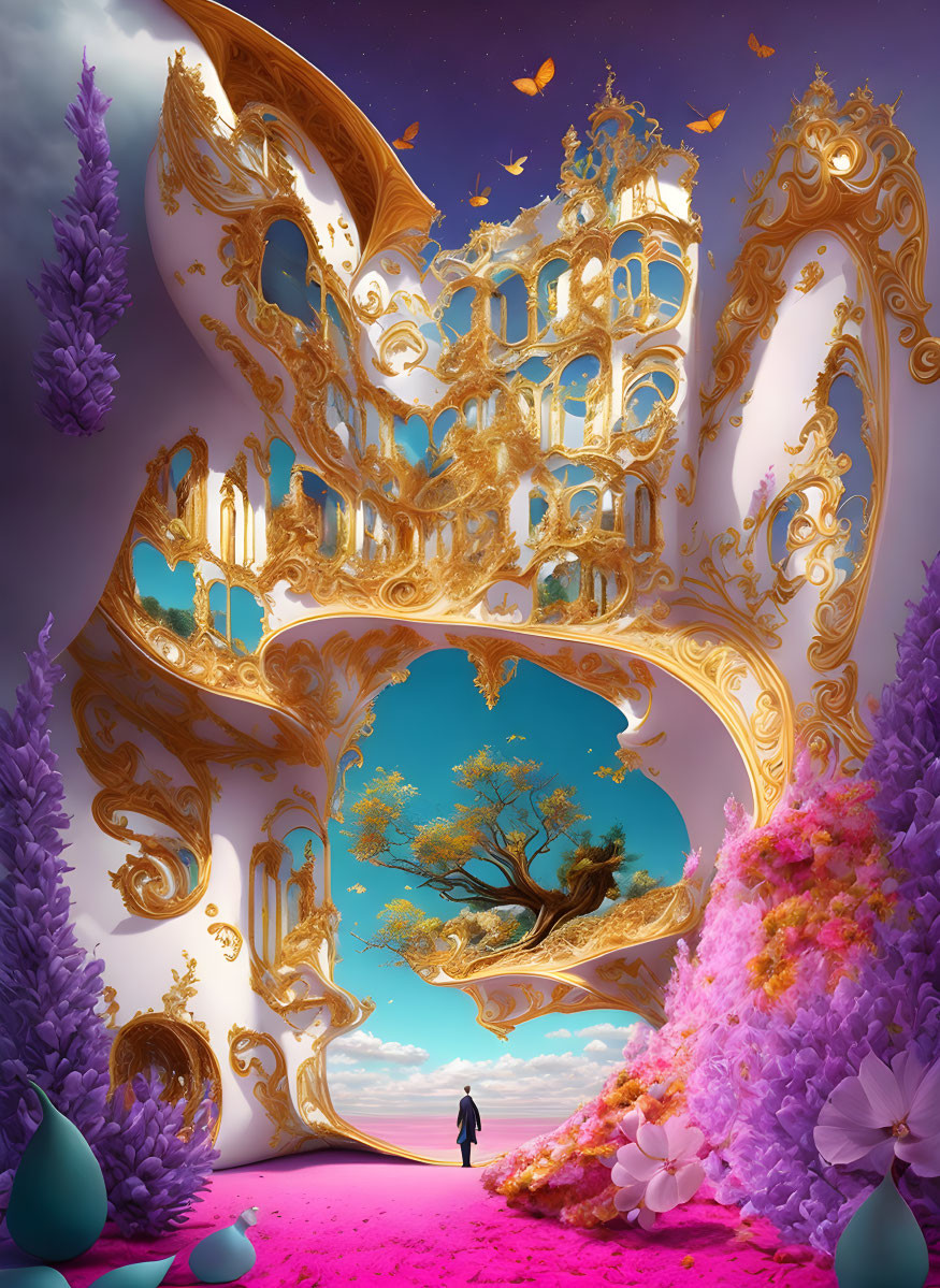 Person gazing at ornate golden floating architecture in vibrant purple and pink surreal scene