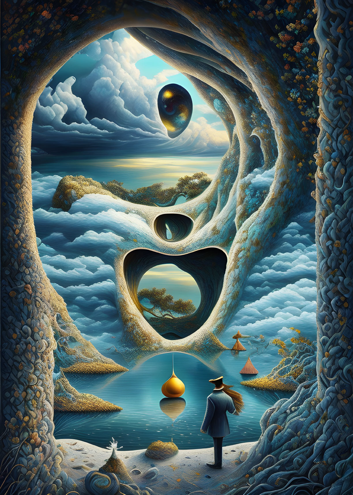 Surreal landscape with circular portals, man in hat, lake, trees, and cosmic clouds