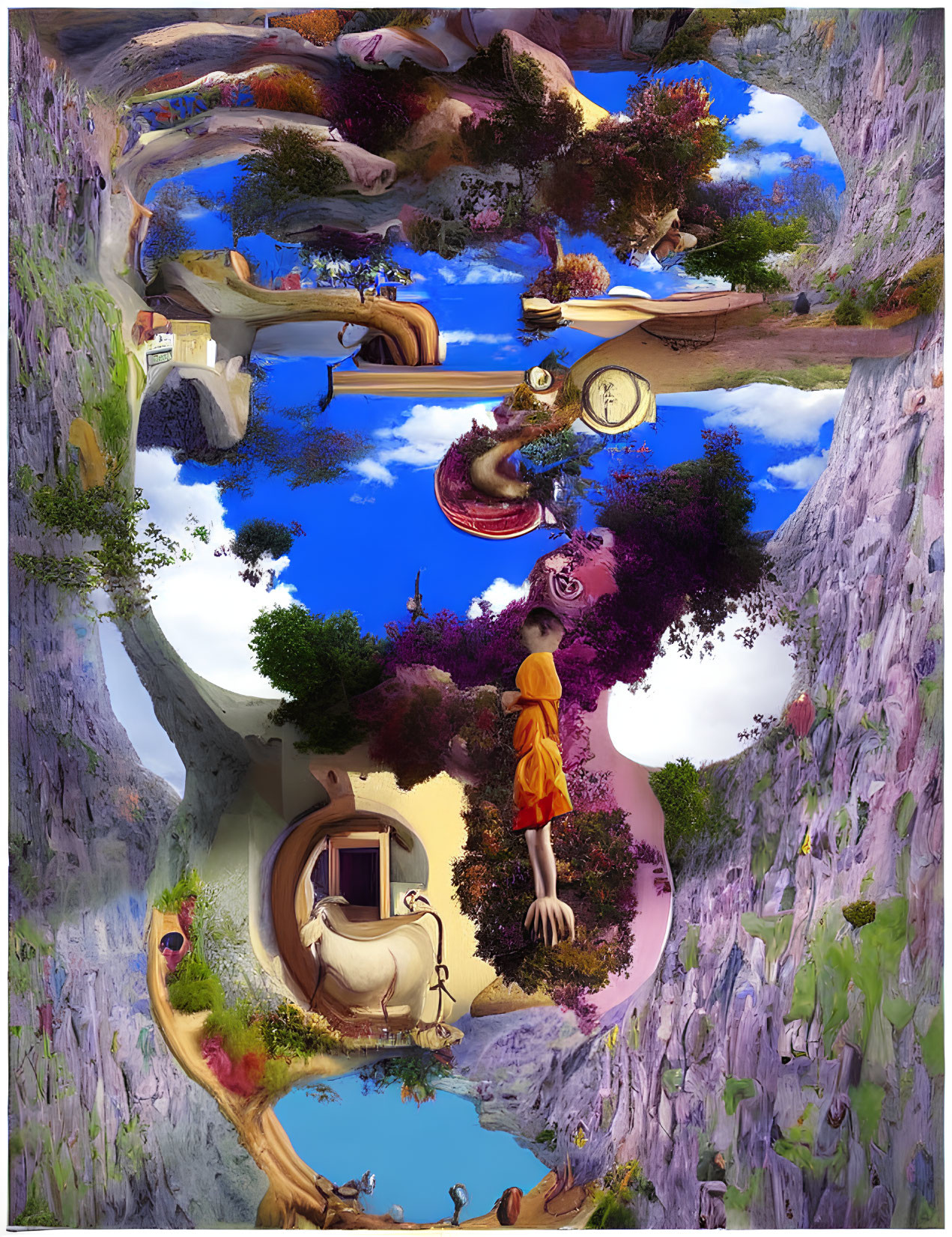 Circular surreal composition with orange figure in fantastical environment blending water bodies, flora, and whimsical architecture