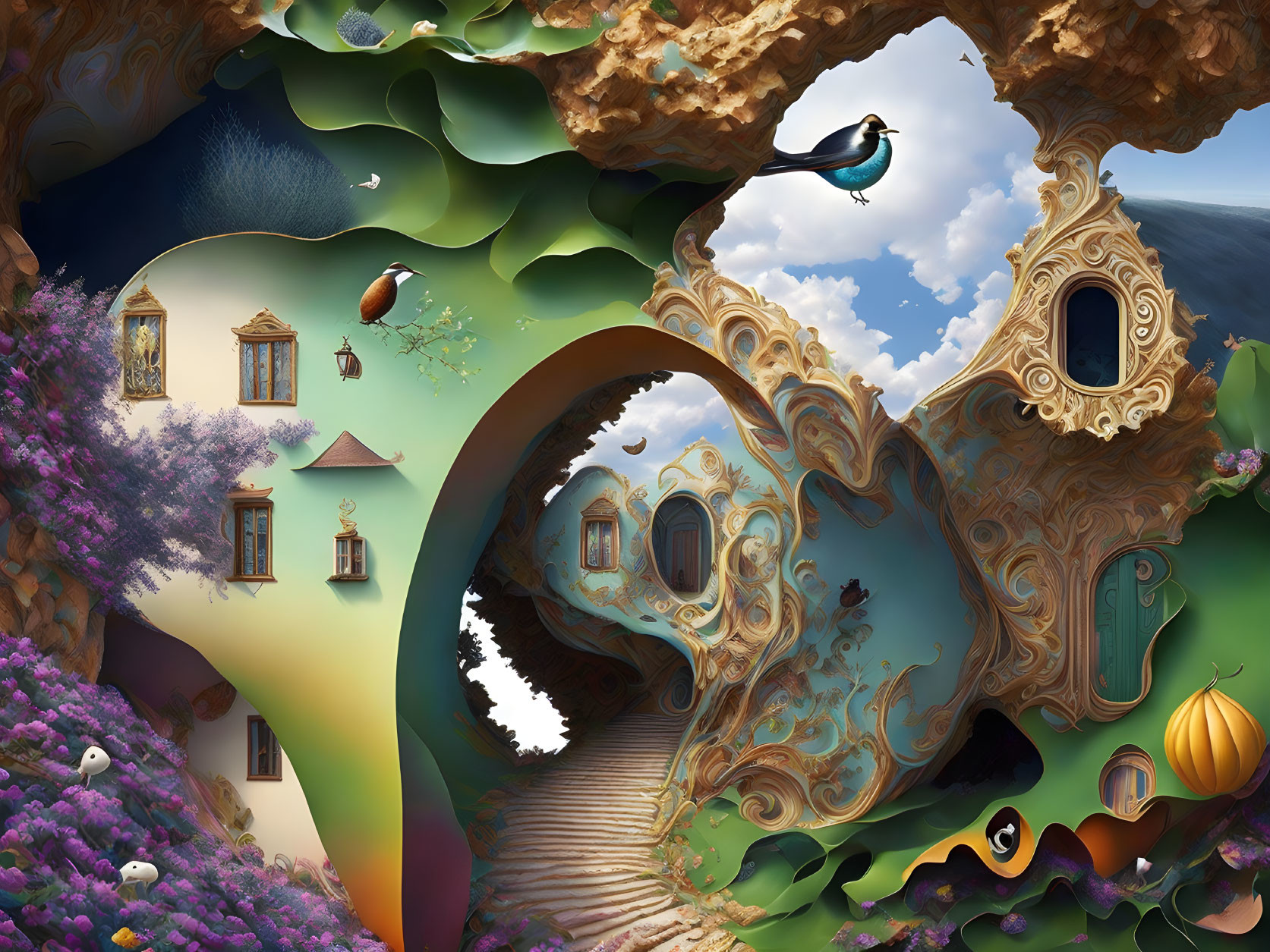 Whimsical architecture in surreal landscape with vibrant nature