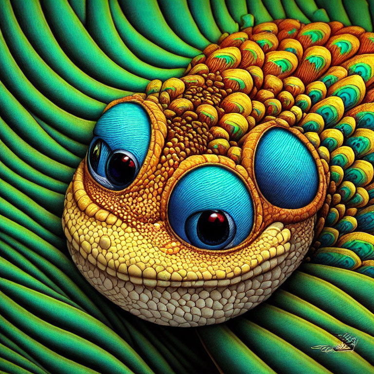 Colorful Stylized Creature with Blue Eyes and Orange Scales on Green Background