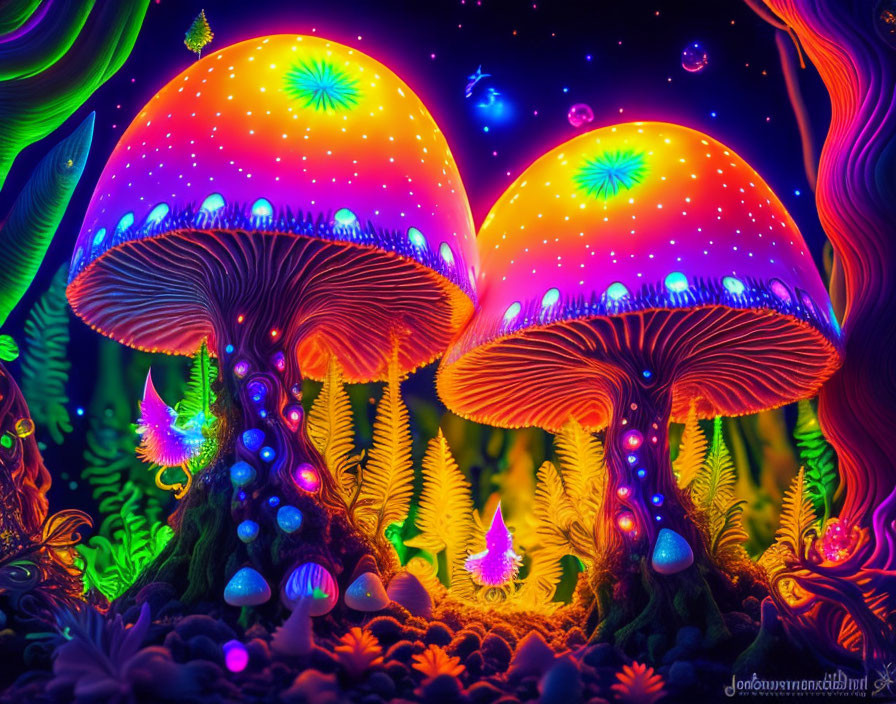 Colorful Neon-Lit Mushrooms in Fantastical Forest at Night