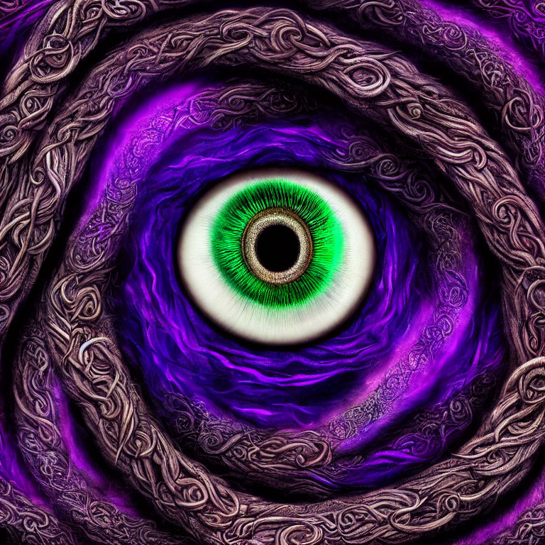 Detailed vibrant green eye with swirling purple and violet floral textures