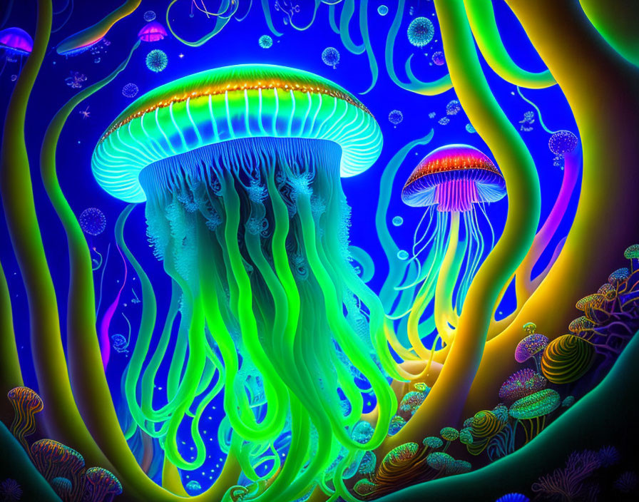 Bioluminescent underwater scene with glowing jellyfish and neon sea life