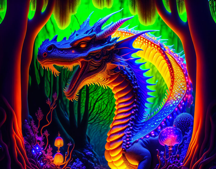 Vibrant glowing dragon with neon-lit flora and marine life