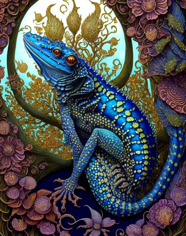 Colorful blue lizard with yellow patterns in ornate fantasy scene