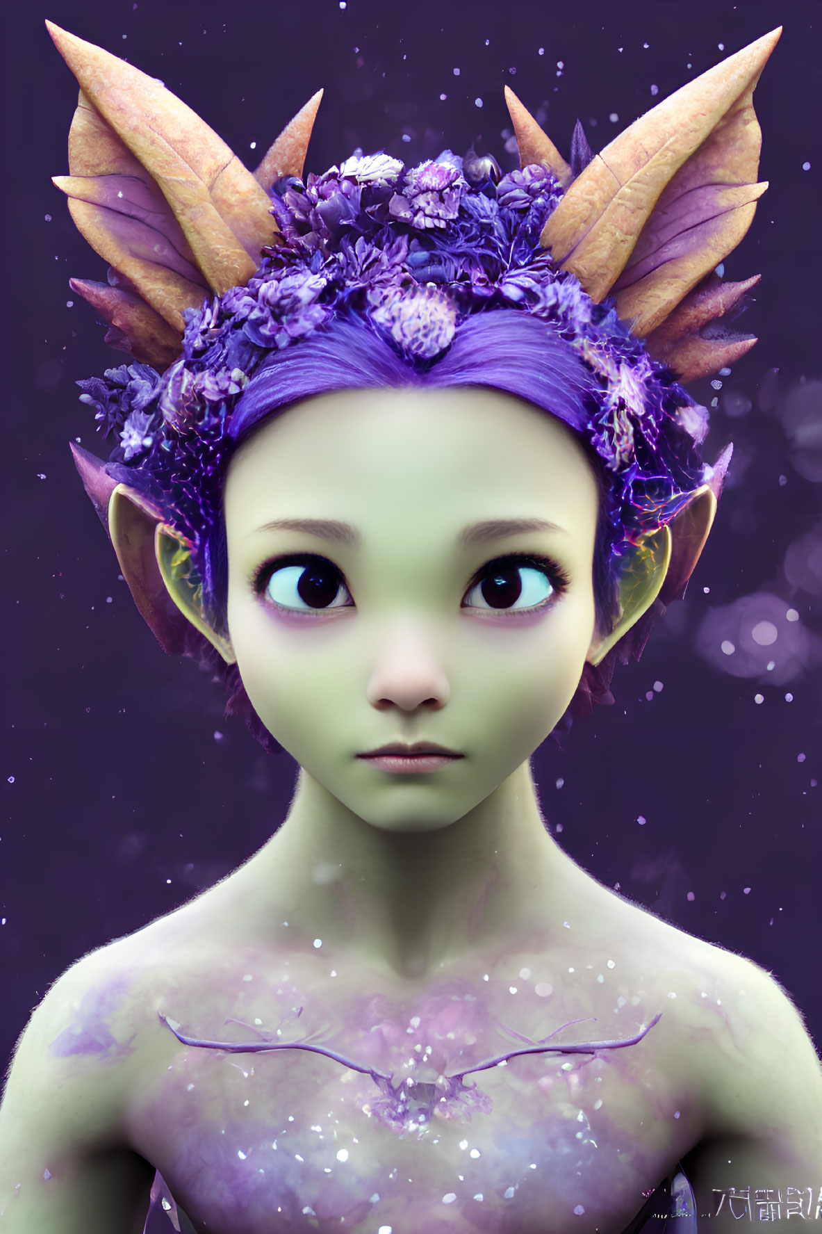 Fantasy Creature with Green Skin and Purple Flowers in Hair