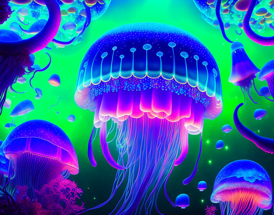 Neon-colored jellyfish in luminous underwater scene