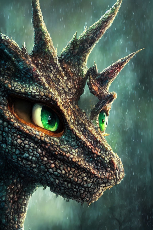 Detailed Dragon Head with Textured Scales and Green Eyes in Rainy Setting