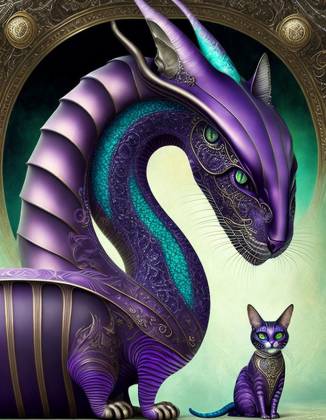 Large Purple Dragon and Cat with Green Eyes in Front of Circular Mirror