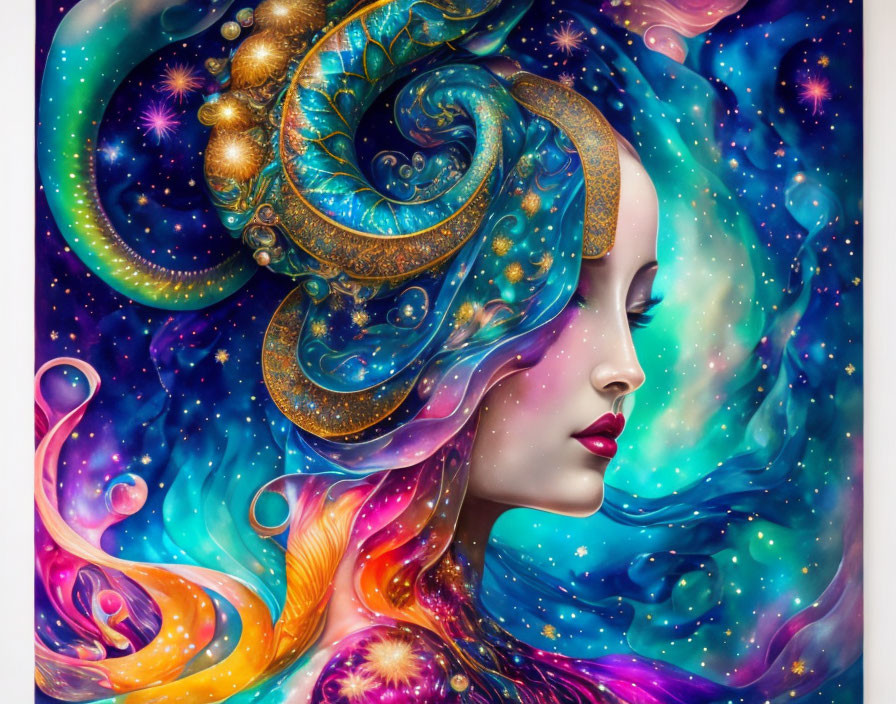 Cosmic-themed digital painting of a woman with golden-accented hair.