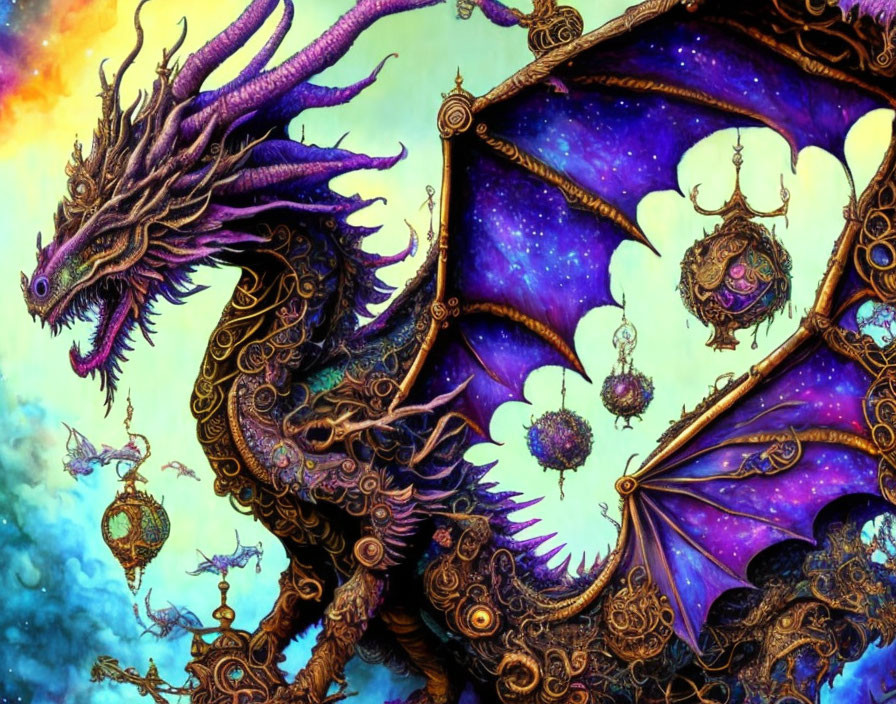 Vibrant fantasy dragon with purple scales and intricate wings in cloudy sky